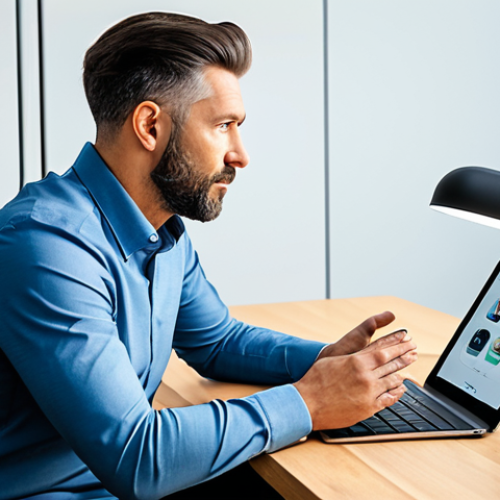 A professional male podcast host in a modest business casual outfit, fully clothed, appropriate attire, professional dress, engaged in deep thought while holding a professional microphone. He is sitting at a sleek modern desk with a tablet displaying subscription options and exclusive content icons. The background is a clean, well-lit podcast studio with acoustic panels. safe for work, appropriate content, family-friendly, perfect anatomy, correct proportions, natural pose, well-formed hands, proper finger count, natural body proportions, high-quality photography, professional lighting, detailed, ultra-realistic.