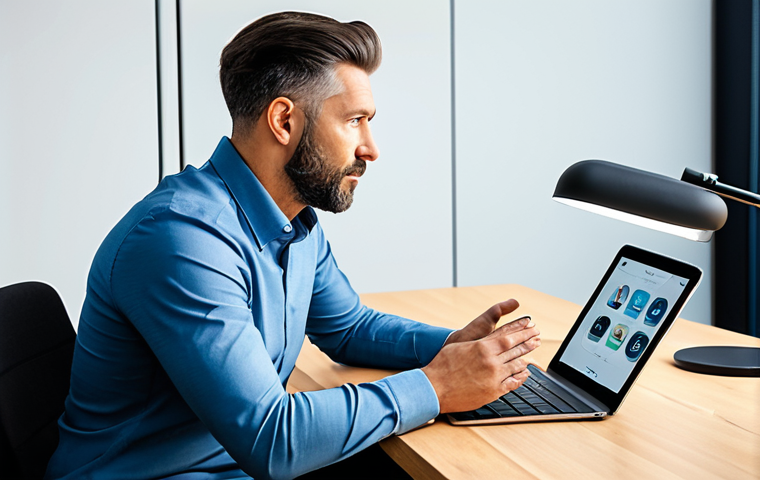 A professional male podcast host in a modest business casual outfit, fully clothed, appropriate attire, professional dress, engaged in deep thought while holding a professional microphone. He is sitting at a sleek modern desk with a tablet displaying subscription options and exclusive content icons. The background is a clean, well-lit podcast studio with acoustic panels. safe for work, appropriate content, family-friendly, perfect anatomy, correct proportions, natural pose, well-formed hands, proper finger count, natural body proportions, high-quality photography, professional lighting, detailed, ultra-realistic.