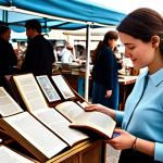 A professional female entrepreneur in a business casual outfit and modest clothing, fully clothed, meticulously examining a unique vintage find, perhaps an antique book or a retro ceramic, at a vibrant outdoor flea market. The market stalls are well-organized with various second-hand treasures, bathed in soft natural light, creating a lively yet calm atmosphere. The subject displays perfect anatomy, well-formed hands, correct proportions, and a natural pose, embodying the spirit of discovery. This is a high-quality, professional photograph, safe for work, appropriate content, and family-friendly, with natural body proportions.