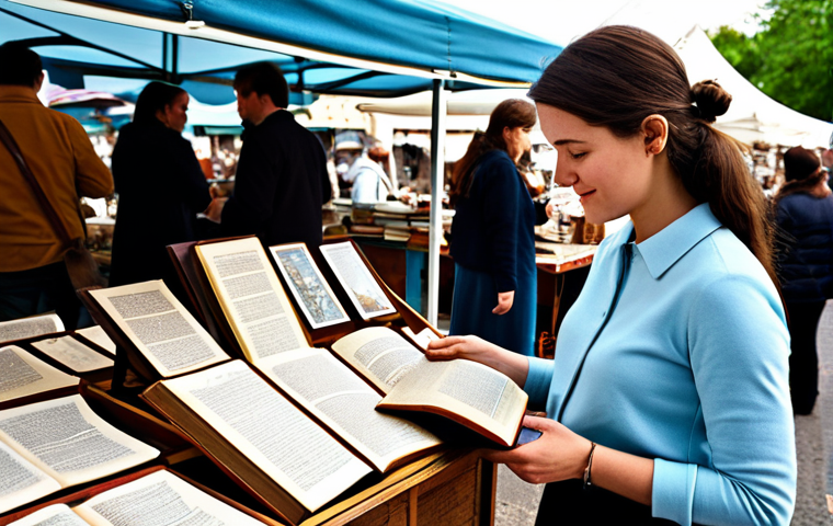 A professional female entrepreneur in a business casual outfit and modest clothing, fully clothed, meticulously examining a unique vintage find, perhaps an antique book or a retro ceramic, at a vibrant outdoor flea market. The market stalls are well-organized with various second-hand treasures, bathed in soft natural light, creating a lively yet calm atmosphere. The subject displays perfect anatomy, well-formed hands, correct proportions, and a natural pose, embodying the spirit of discovery. This is a high-quality, professional photograph, safe for work, appropriate content, and family-friendly, with natural body proportions.